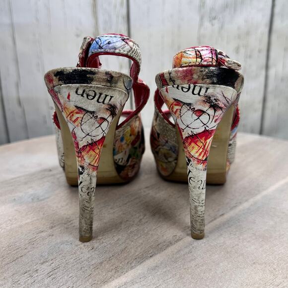 Newsprint Platform Peep Toe Womens Heels Red Retro Slingbacks Size 38 EU - Picture 10 of 15